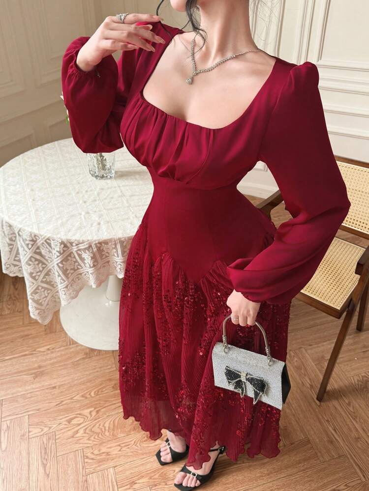 Elegant Puff Sleeve Patchwork Midi Dress For Spring Wedding Party Guest,Fall Dress Long Sleeve Dress Luxury Red Women Dresses Prom Dress Sequin Christmas Sparkly Dress Floral Dresses For Women