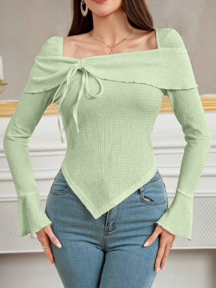 Modelyn 女式纯色前系带长袖不对称下摆衬衫 - 綠色 - 查看 1