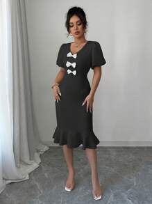 Elenzga Black Bow Ruffle Hem Puff Sleeve Elegant Dress For Women - Black - View 3