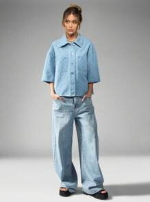 MISSGUIDED Giacca camicia oversize in denim con trapuntatura, chiusura con bottoni, colletto, in colore blu chiaro, adatta per la stagione invernale e primaverile, casual, da strada