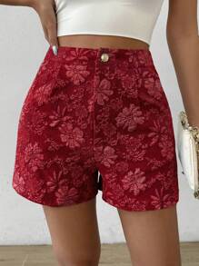 Flirla Women's Floral Jacquard Pleated Random Hem Shorts For Vacation - Burgundy - View 1