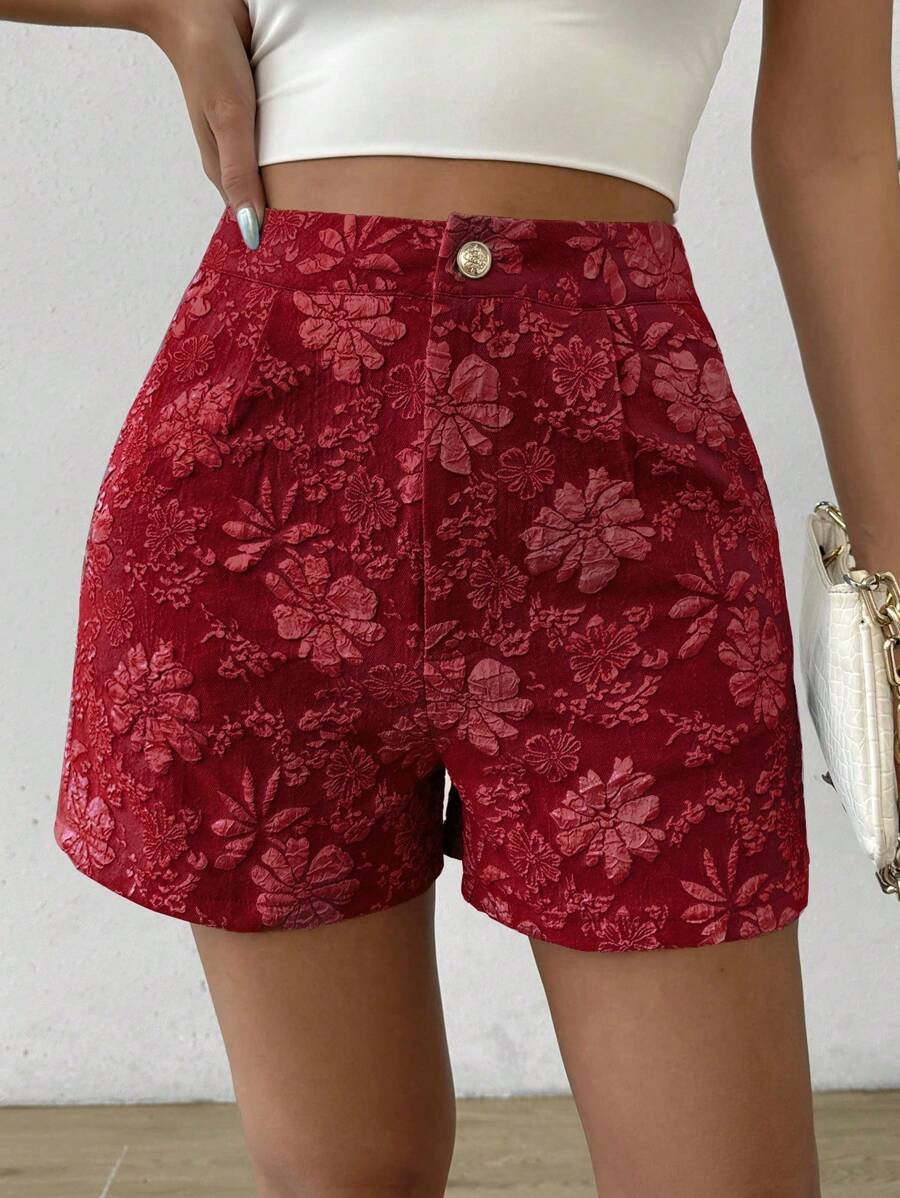 Flirla Women's Floral Jacquard Pleated Random Hem Shorts For Vacation - Burgundy - View 1