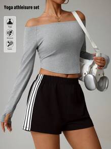 Gameset SHEIN Sport Women's Off Shoulder Long Sleeve Top And Striped Shorts Yoga Tennis Sports Set - Green - View 3