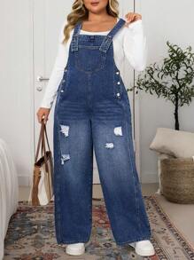 EMERY ROSE 大码女式口袋破洞宽松阔腿休闲牛仔连体裤