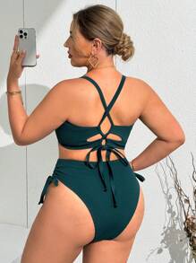 Swim Vcay Plus Size Adjustable 3D Texture Fabric Swimsuit Set, Vacation For Summer - Dark Green - View 2