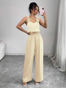 Elenzga New Spring/Summer Solid Color 3D Embroidery Floral Decor Loose Casual Romper Jumpsuit For Vacation - Apricot - View 6