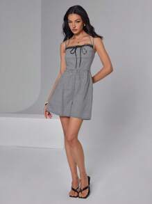 Roylia American Style Cami Contrast Lace Up Cinched Waist Plaid Strap Jumpsuit For Women - Black and White - View 4