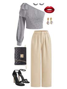 SHEIN Clasi Women's Casual Commuter Plain High-Waist Tapered Suit Pants Work Pants In Fall/Winter - Apricot - View 4