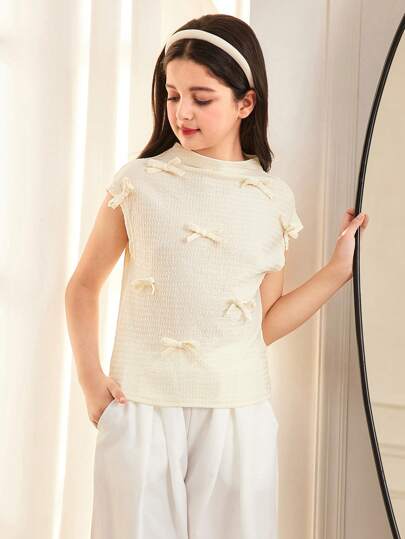 SHEIN Tween 女童休闲甜美可爱 3D 蝴蝶结装饰立领贴身落肩纹理提花针织 T 恤