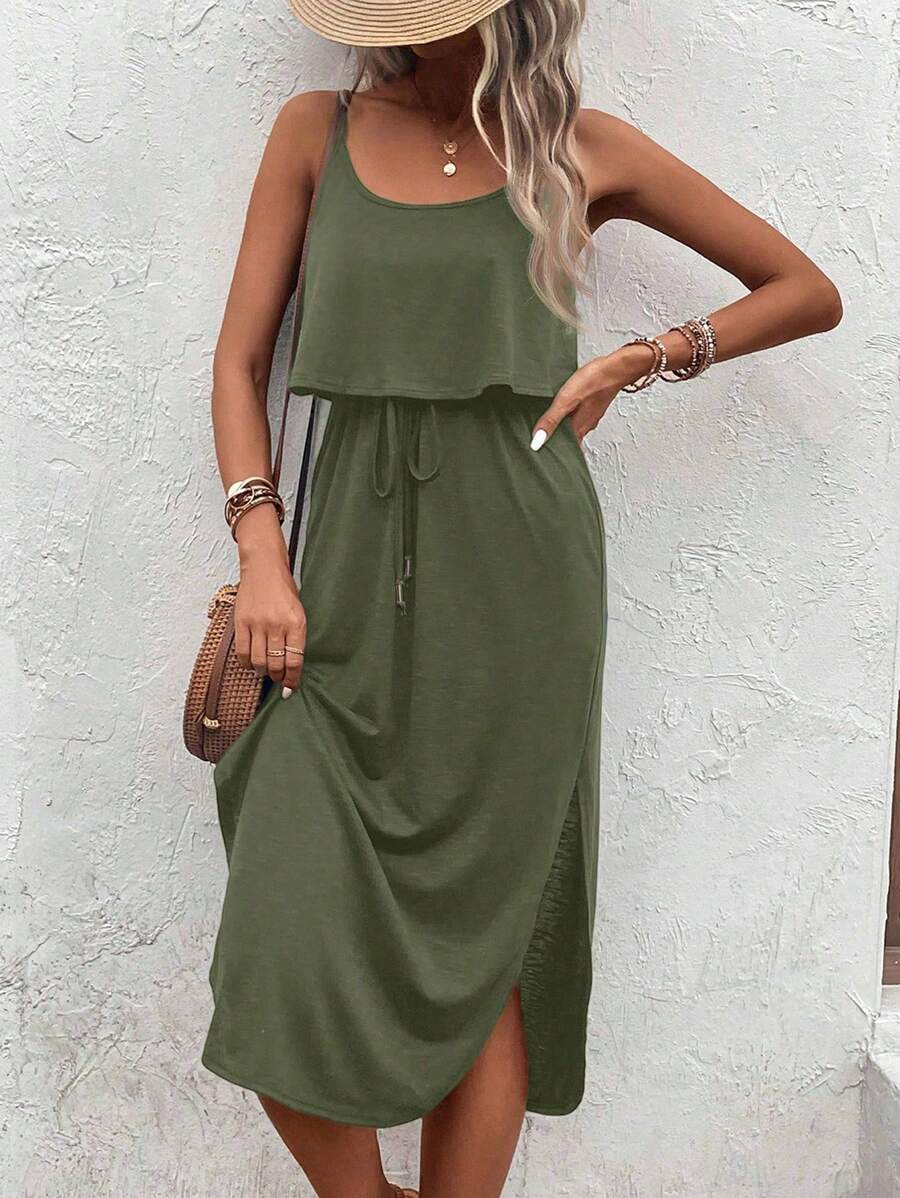 SHEIN LUNE 女士纯色荷叶边下摆侧开衩吊带背心连衣裙 - 軍綠色 - 查看 1