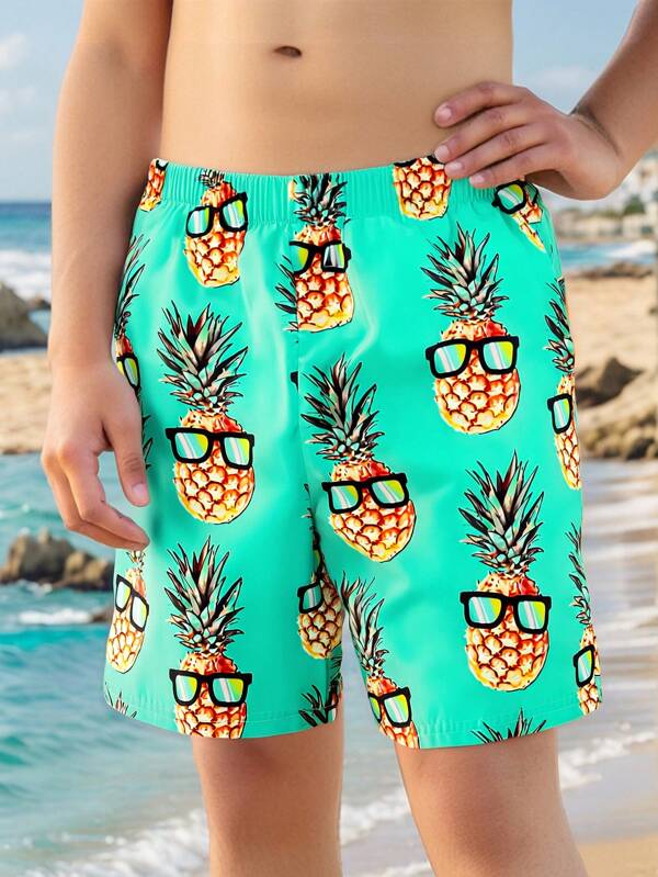 SHEIN Tween Boy Casual Pineapple Print Loose Shorts, Suitable For Summer Beach, Outdoor Play & Swimming