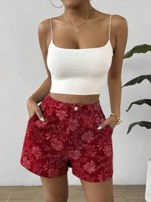 Flirla Women's Floral Jacquard Pleated Random Hem Shorts For Vacation - Burgundy - View 4