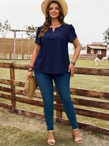EMERY ROSE Plus Size Summer Solid Color Petal Sleeve Button Down Shirt - Navy Blue - View 4