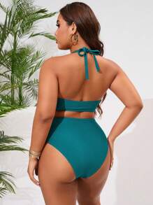 Slaydiva 2 件套加大码女式纯色细肩带比基尼泳衣 - 水鴨藍 - 查看 2