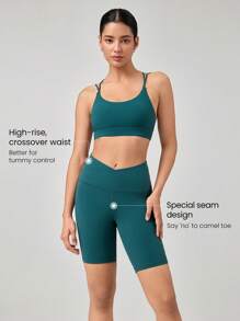 GLOWMODE 8" FeatherFit™ Crossover Biker Shorts Cycling Running Gym Workout - Dark Green - View 3