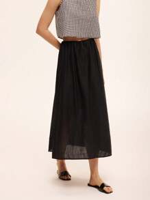 SHEIN Unity 2 pièces Ensemble décontracté de vacances pour femmes, top court carreauté en polyester/coton et jupe longue en coton pur, décontracté et confortable - Noir - Voir 5