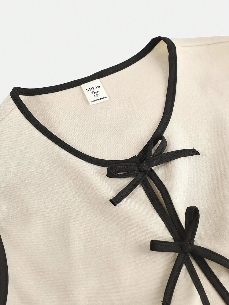 Girlism Conjunto de niña adolescente de primavera y verano con chaqueta de cárdigan con cordones, moño de color contrastante, top de niña, pantalones casuales sólidos holgados, conjunto de dos piezas para uso diario casual, uso en el lugar de trabajo, atuendo para el Día de San Valentín de niña adolescente, vestidos de niña adolescente, a juego madre e hija, Día de San Valentín, Estilo "niña limpia", Lindo - Caqui - Añade 5