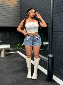 SHEIN ICON Cute Bowknot Super Short Skinny Jeans - Blue - View 5