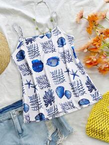 SHEIN LUNE Vacation Leisure Flower Print Splice Lace Camisole Top Graphic Tees Women Tops - Blue - View 2