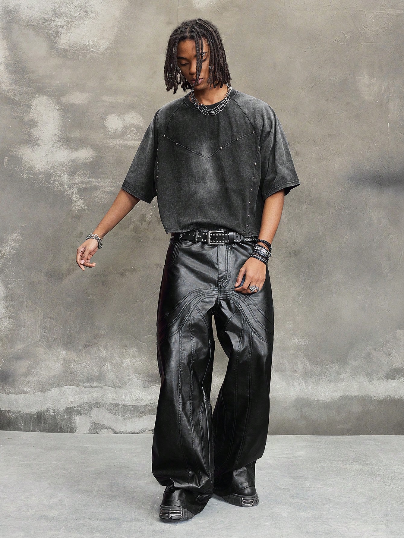 Our Grunge Punk Men's Grunge Solid Color PU Leather Pocket Baggy