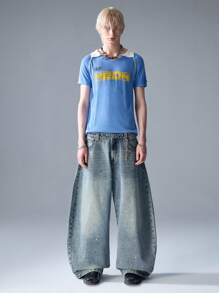 NEON BLANC Men's Street Fashion Blue Collared Slim-Fit Short Sleeve Sweater - Blue - View 7