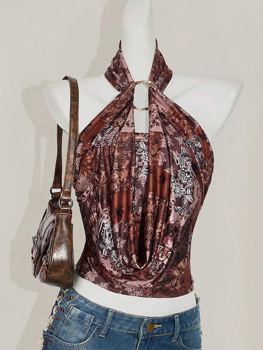 SHEIN ICON 女士花卉印花褶皱时尚挂脖背心 - 彩色 - 查看 1