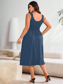 Celure Plus Size Solid Color Pleated Casual Summer Dress Maxi Women Outfit - Blue - View 2