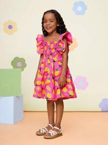 Vestido casual de gasa con cuello con volantes y estampado floral menudo para niña - Rosa Fucsia - Ver 3