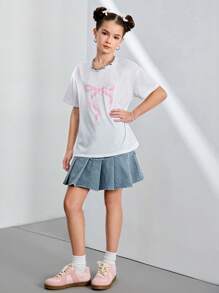 Tween Girls White Casual Loose Butterfly Print T-Shirt & Denim Wide Waistband Pleated Skirt Set, Versatile Simple Fashion Design For Daily Wear - Multicolor - View 4