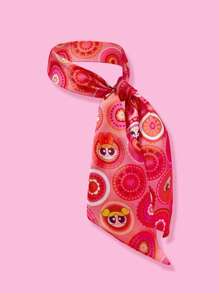 THE POWERPUFF GIRLS X SHEIN Cartoon Blossom, Bubbles, Buttercup Pattern Neck Scarf - Rose Red - View 2