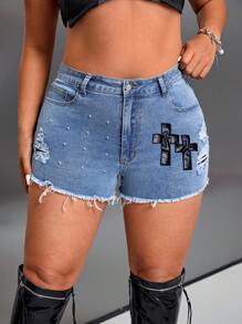 SHEIN ICON Women Plus Size Washed Blue 3D Printed Denim Shorts Shorts Jeans Woman Summer Shorts Summer For Women Festival - Medium Wash - View 4