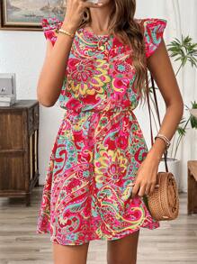 Breezaya 花卉印花荷叶边连衣裙 度假海滩装 女装 - 紅色 - 查看 5