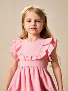 SHEIN Vestido holgado con volantes en el bajo, color rosa elegante, para niñas, primavera/verano