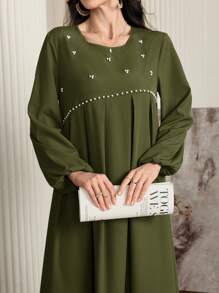 Al Najma Women's Elegant Long Sleeve Arabic Style Dress With Beaded Embellishment, Elegant A Line Arabian Dresses, For Casual Daily, Modest - Army Green - View 1