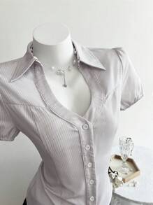 Elamini Striped Patchwork Ditsy Floral Collar Short Sleeve Shirt - Multicolor - View 4