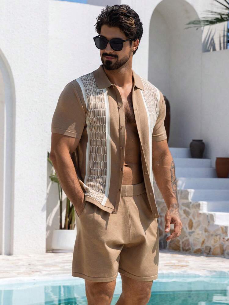 Summer Men's Color Block Textured Fabric Shirt Set