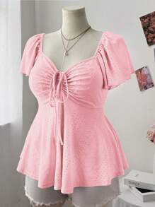 Lyrianda 大码女式方领盖袖纹理休闲可爱优雅 A 字型 T 恤 - 粉色 - 查看 3