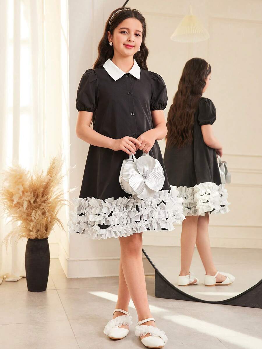 SHEIN Tween Girl Casual Color Block Peter Pan Collar Short Sleeve A-Line Dress
