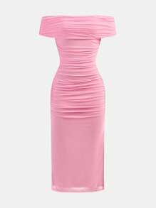 SHEIN Girlism TEENGIRL Pink Elegant Off-Shoulder Pleated Mesh Snug Fit Dress,Party Dress - Pink - View 7