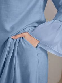 Graceveil 2pcs/Set Women Elegant Stand Collar Ruffle Cuff Long Sleeve Set Modest Fall Cloth For Women - Blue - View 8