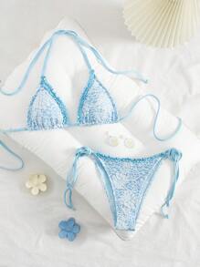 SHEIN Swim 2pcs/Set Women's Casual Vacation Ditsy Floral Textured Jacquard Fabric Frill Trim Regular Fit Bikini For Summer - Blue - View 2