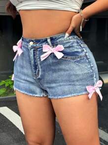 SHEIN ICON Cute Bowknot Super Short Skinny Jeans - Blue - View 3