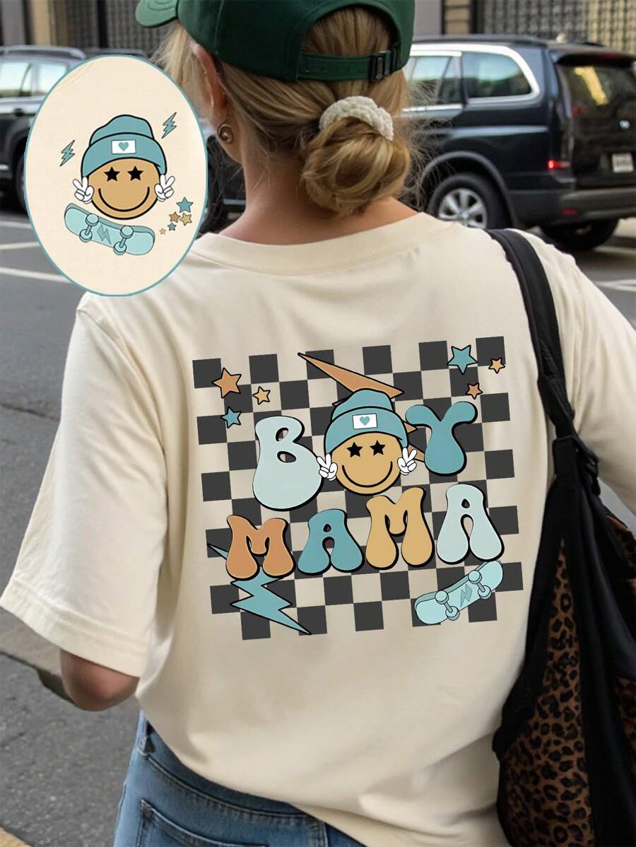 女士休闲时尚创意棋盘格、卡通笑脸、滑板图案、搞笑口号印花基本款短袖 T 恤 - 杏色 - 查看 1