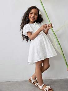 Maija Kids Maija Kids Vestido de niña joven de moda vintage, casual para el uso diario/conmutación/escuela/temporada de bodas, con cuello redondo, decoración de moño, mangas abullonadas exageradas, cintura ceñida, falda acampanada, tela textil bordada hueca