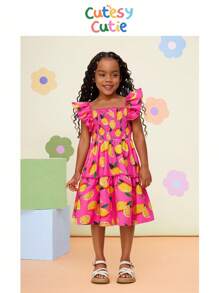 Vestido casual de gasa con cuello con volantes y estampado floral menudo para niña - Rosa Fucsia - Ver 1