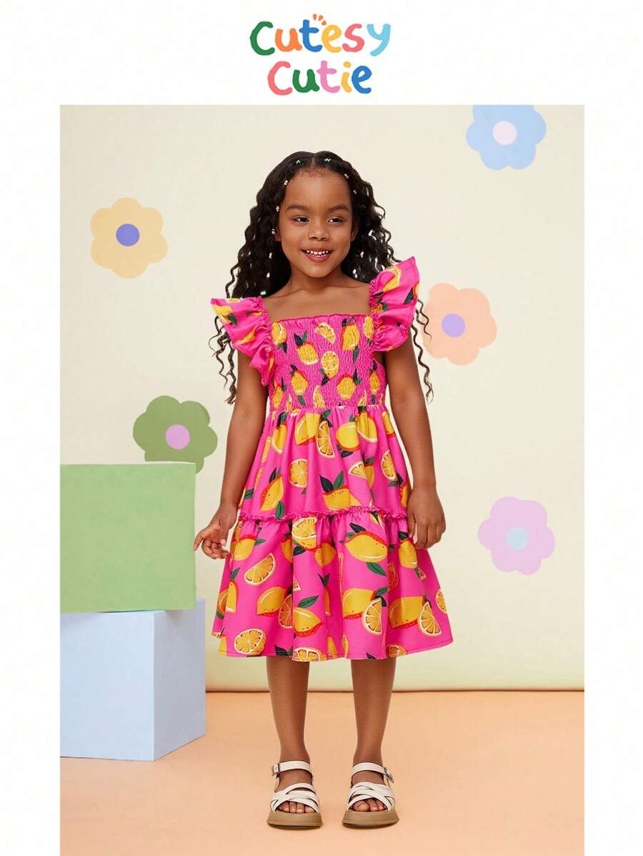 Vestido casual de gasa con cuello con volantes y estampado floral menudo para niña - Rosa Fucsia - Ver 1