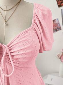 Lyrianda 大码女式方领盖袖纹理休闲可爱优雅 A 字型 T 恤 - 粉色 - 查看 4