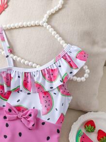 Young Girl' One-Piece Swimsuit New Arrivals, Cute Asymmetric Watermelon Print Color Blocking With Flutter Sleeve And Bow Accent, Suitable For 4-7 Years Old Girls To Wear On Beach Vacation Or Swimming Pool Toddler Girl Clothes Set Toddler Girls Outfit Sets Toddler Girl 5t - Multicolor - View 4