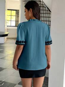 Calvaya Plus Size Contrast Color Ruffle Cutout Neckline Puff Sleeve Shirt - Teal Blue - View 2