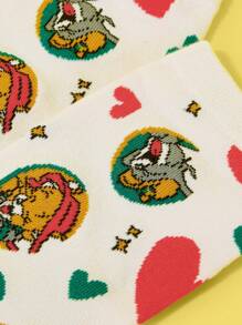 TOM & JERRY X SHEIN 1 Pasang Kaos Kaki Pendek Wanita Motif Hati & Tikus yang Modis - Krem - View 3